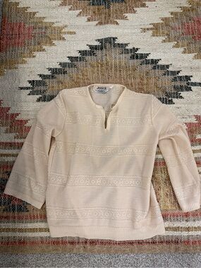 Vintage 70s JOYCE Cream Pointelle Open Knit Tie Neck Top L
